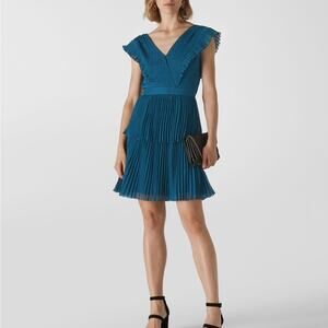 Whistles Penelope Tiered Donny Dress Teal, Swiss dot, pleated size 8